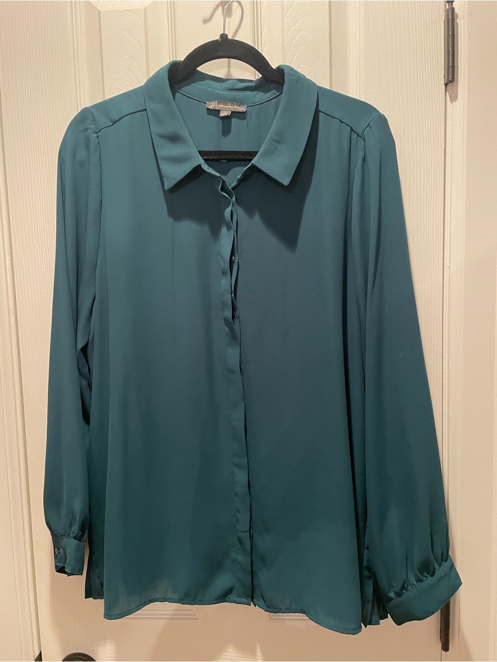 Adrianna Papell Teal Long-Sleeve Button-Down Blouse